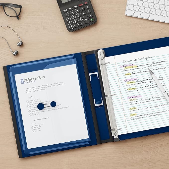 Staples Better View 1-Inch D-Ring Binder, Blue, Clear Overlay | Durable 3-ring binder for school and office document organization.