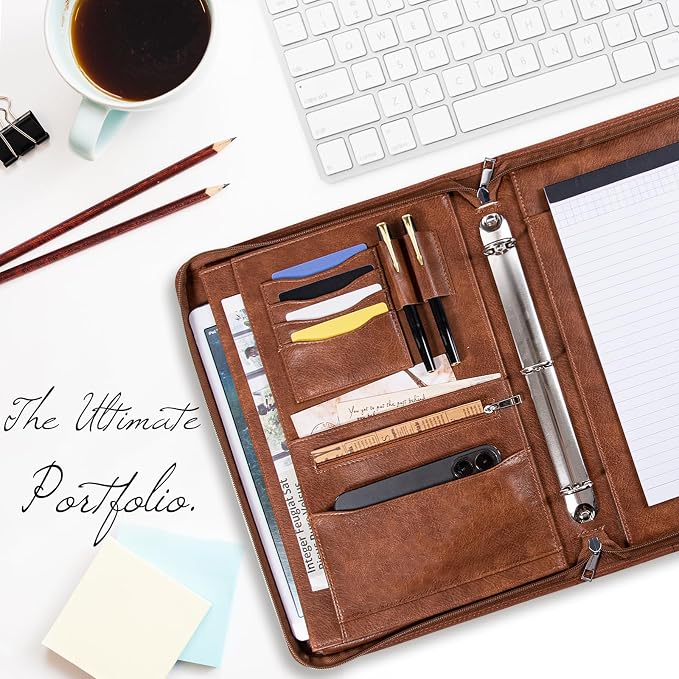 Calfinder Personalized Padfolios Portfolio Binder,3 Ring Leather Binder with Zipper,Professional Padfolios for Women&Men, Portfolio Organizer for Business,Work,School