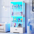 BROTTAR 4-Tier Display Cabinet with Glass Doors and Drawer for Collectibles | Glass Display Case with 3-Color Lights & Human Body Sensor, Curio Cabinets with Adjustable Shelves for Living Room, White