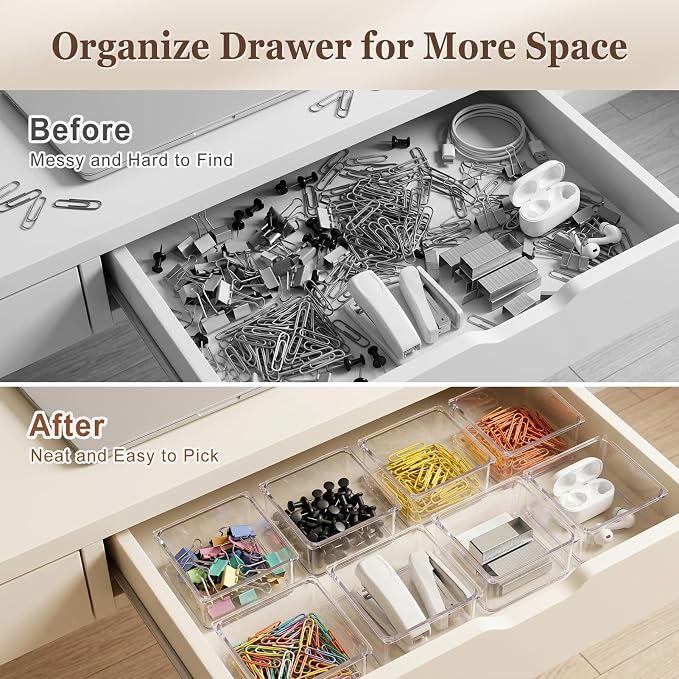 Hudgan 24 Pcs Small Drawer Organizer BinsSet, Stackable Drawer Divider Trays for Makeup Vanity, Bathroom, Office Desk, Straight Sides Tray Perfect for Craft Supplies, Cosmetics