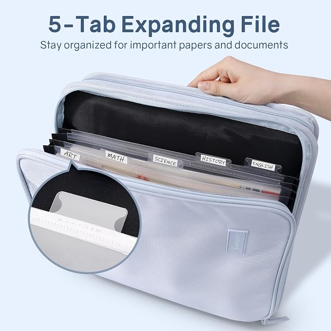 SUNEE Zippered Binder Bag with Handle, 2-Inch 3-Ring O-Ring, 500-Sheet Capacity, Includes Zip Pocket, 5-Tab Expanding File Folder, Multi-Pocket Organizer Binder for Middle School, Dusk Blue