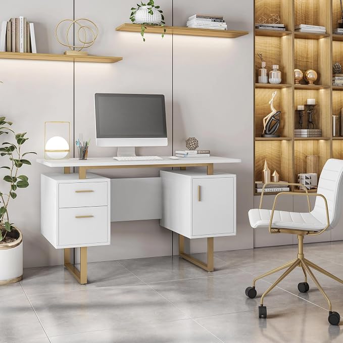 Techni Mobili 51"W Computer Desk w/ 2 Drawers & Storage Cabinet, White/Gold | Home office workstation, durable construction, everyday productivity, Ideal for home office, Workspace organization