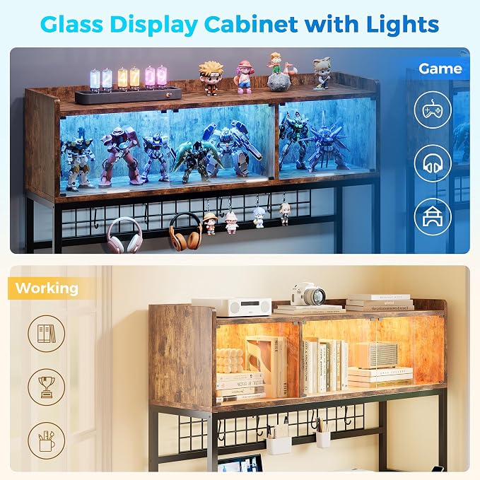 L Shaped Gaming Desk with Drawers, Corner Computer Desk with LED Tempered Glass Display Cabinet, Shaped L Office Desk with Charging Station and Fabric Drawer, PC Desk for Gaming and Office, Brown