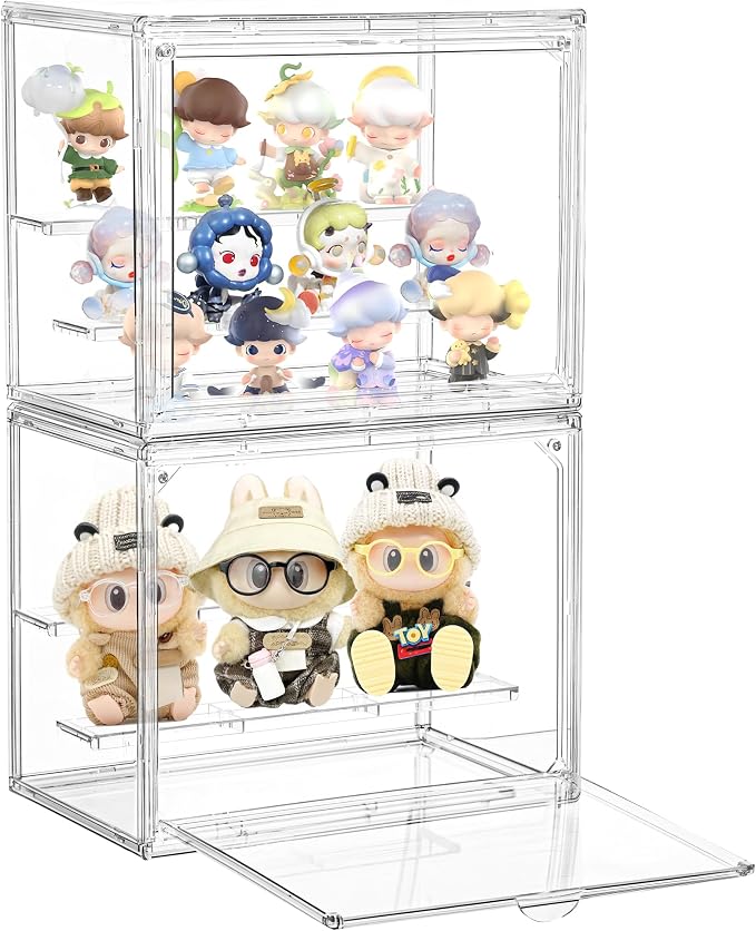 Acrylic Display Case for Collectibles 3 Tier,Small Clear Display Box 2pack | 2 Movable Dividers，Clear Showcase for Mini Figures，Easy Assembly, Magnetic Door, Stackable Design, Dustproof Durable Material