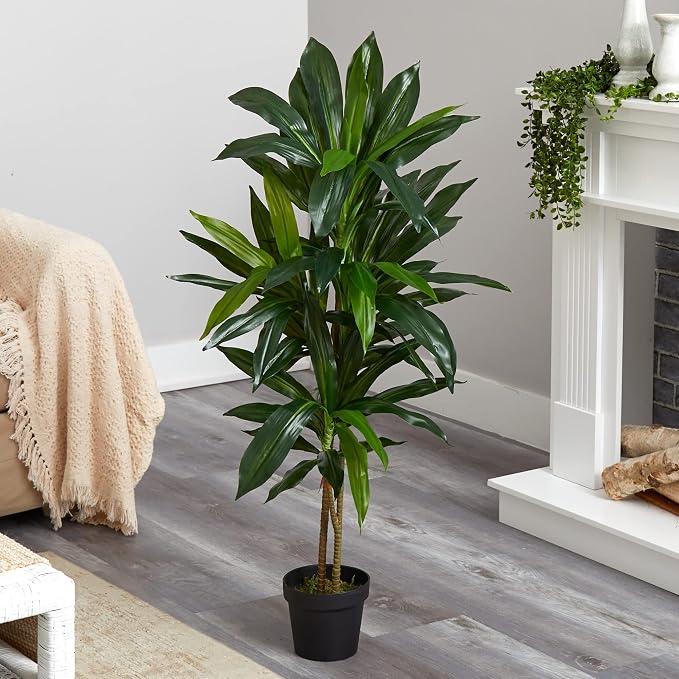 Nearly Natural 48 in Artificial Dracaena Real Touch Plant with Pot | Multi-Tonal Trunks, Large Indoor Silk Plant, Maintenance-Free, Living Room and Home Office Decor