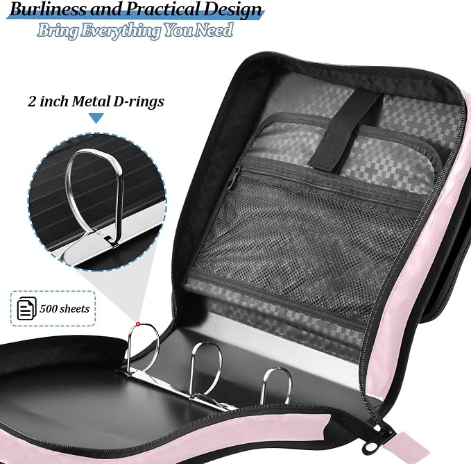 Fisyme Bows Pattern Pinks Zipper Binder 3 Ring with Zipper and Shoulder Strap Large Capacity Multi-Pocket Zipper Binder Organizer