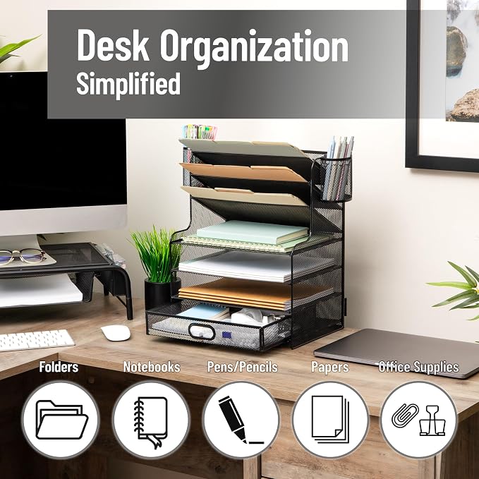 Mind Reader Mesh Desk Organizer, 6 Compartments, 1 Drawer, 2 Pen Cups, Office Desktop Organizer, Metal Mesh, Black