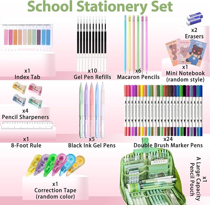 Ristpal 56 PCS Aesthetic School Supplies with Large Pencil Case, 24 Double Brush Marker Pens, 5 Black Ink Gel Pens, 6 Macaron Pencils, 4 Sharpeners, Sticky Notes, Ruler, Erasers, Stationery Gift