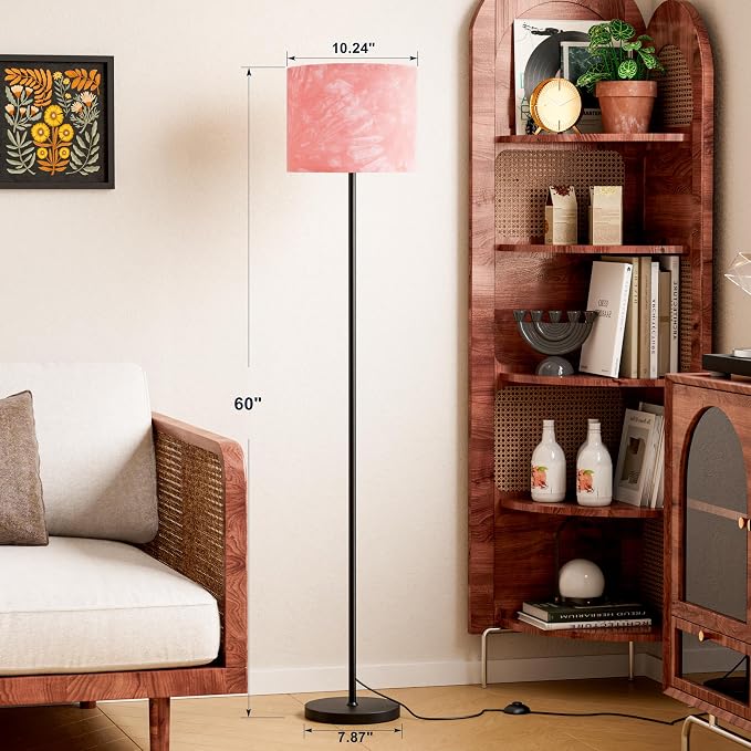 60'' Modern Floor Lamp with Shade, Tall Lamps for Living Room, Bedroom, Office, Dining Room, Hand-Dyed Pink Lampshade(Without Bulb)