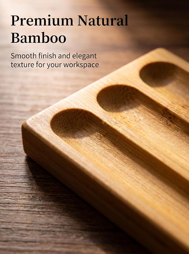 Natural Bamboo 3 Slot Pen Tray, Wooden Pen Holder Desk Organizer for Fountain Pens, Markers, Makeup Brushes, Minimalist Office Desk Storage Tray