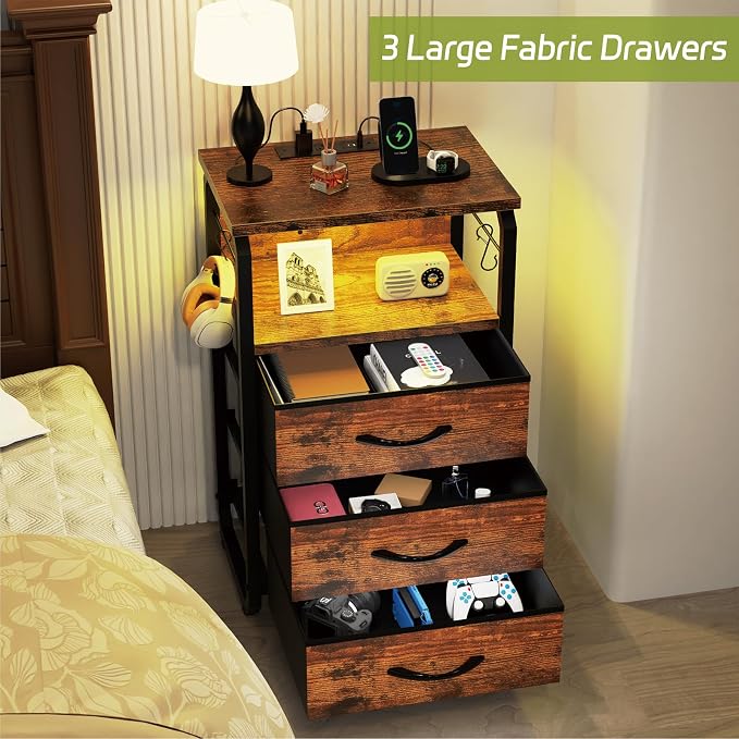 runjuly End Tables Set of 2 with Charging Station, LED Lights, Hooks, Brown | 3 Large Fabric Drawers, USB C Ports & Power Outlets, Metal Night Stand Pair, Storage Nightstand for Living Room / Bedroom