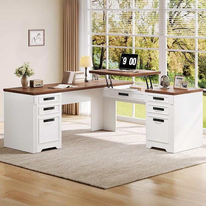 YITAHOME L Shaped Executive Desk with Lift Top & Drawers | Lift Top & Drawers, Farmhouse Corner Computer Desk, Power Outlets, Carved Design Wood, Storage Cabinet