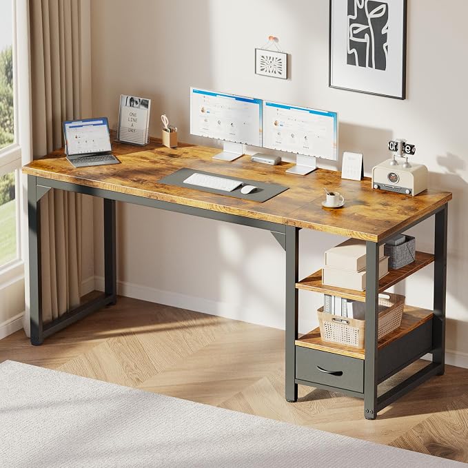 63 in Computer Desk with Drawer, 1" Thick Reversible Office Desk | Large Modern Writing Table with Storage Shelves, Heavy Duty Industrial Executive Desk for Home Bedroom Study Work