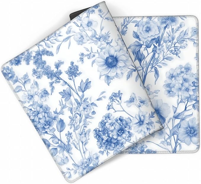 Floral Aesthetic Dahlia Gaming Mouse Pad, White Blue Chinoiserie Desk Mat with Anti-Slip Base & Stitched Edges,35.4" x 15.7" in Table Mat for Computer Desktop, Beautiful Workstation Decor