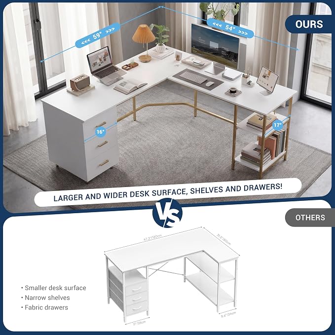 Techni Mobili 59" Two-Tone L‑Shaped Office Desk with Storage Shelves, Gold | 59" two‑tone L‑shaped desk with storage shelves, durable frame, modern corner workstation, spacious home office writing space