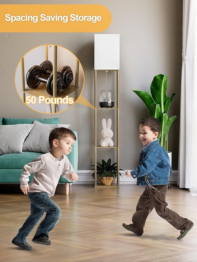 Floor Lamp with Shelves for Living Room Natural Wood 2 Pack, Shelf Floor Lamp with 3 CCT LED Bulb, Corner Display Standing Column Lamp Etagere Organizer Tower Nightstand for Bedroom Office