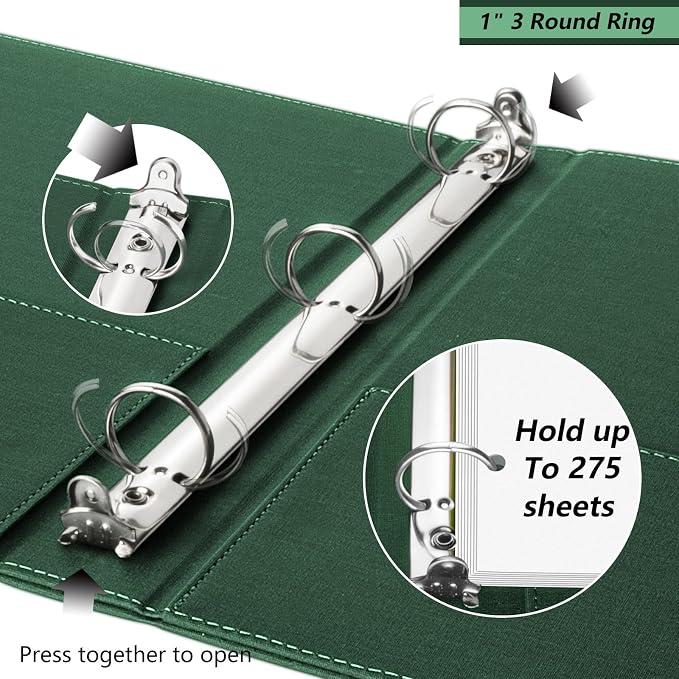 1 Inch 3 Ring Linen Binder Organizer, BVSSX Three Ring Binders with Clipboard, Plastic Folder, 5-Tabs Pocket Dividers with Sticker Labels, Pen Loop, Elastic Strap (Green,Letter Size)