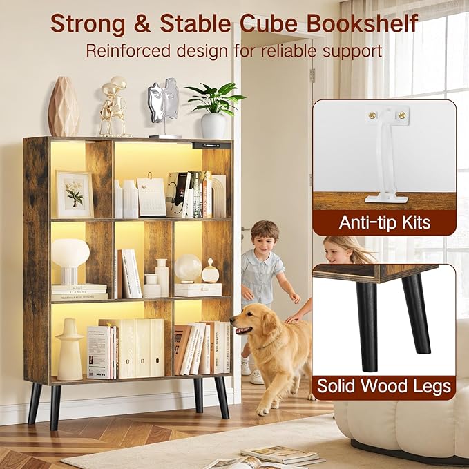 7-Cube Bookshelf with LED Lights, Touch & Remote Control, Freestanding Open Bookcase Storage Shelf, Dimmable Modern Wooden Display Organizer with Legs for Living Room, Bedroom (Rustic Brown)