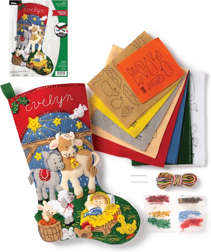 Bucilla Felt Applique 18" Stocking Making Kit, Christmas Nativity, Perfect for DIY Arts and Crafts, 89531E