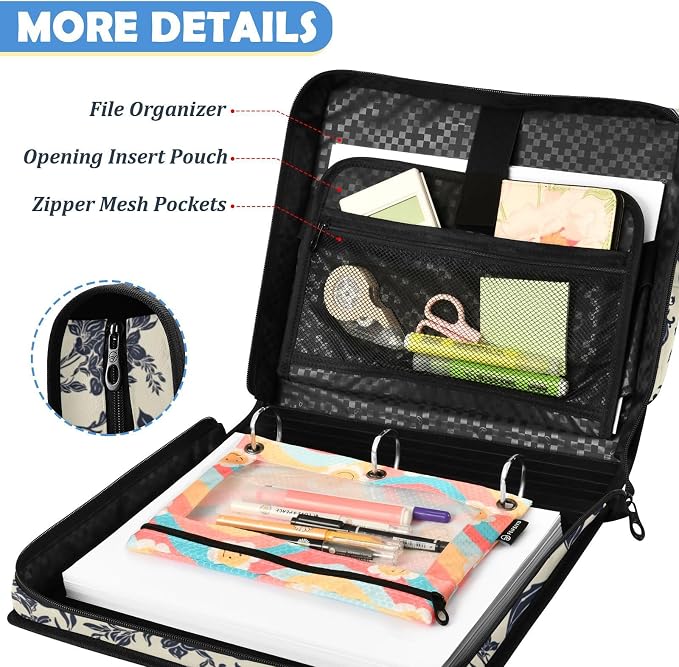 Goth Bats Floral Zipper Binder File Organizer Bag 3 D-Ring | with Shoulder Strap, Holds 500 Sheets & 14in Laptop, 3 Ring Binder for Office Supplies