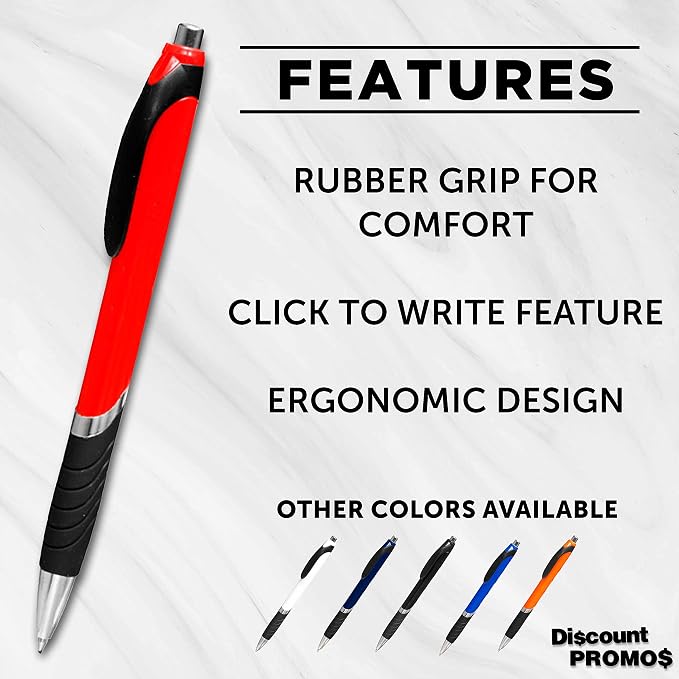 DISCOUNT PROMOS Ballpoint Pens With Rubber Grip - 10 pack - Black Ink Ball Point Pen with Soft Touch Plastic - Red