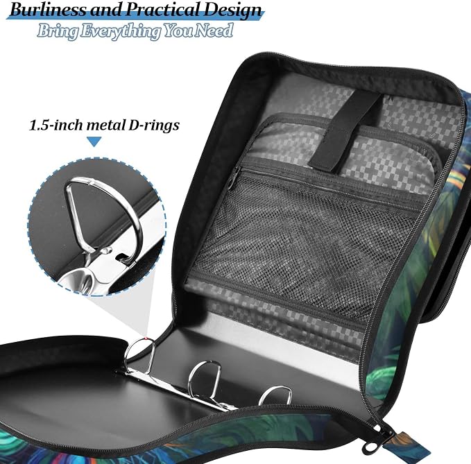 Beautiful Peacock 3 Ring Zipper Binder with Handle 1.5 inch Binder Organizer Bag, Multi Pockets Office File Folder Bag with Shoulder Strap 500 Sheet Capacity