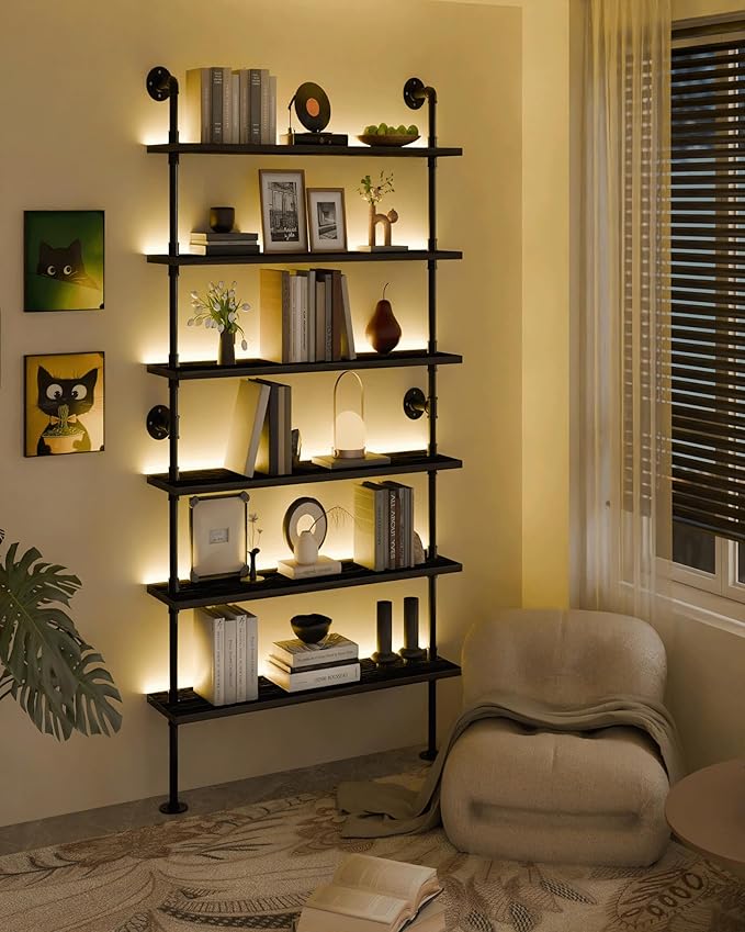 6-Tier LED Ladder Shelf, Wall Mounted Pipe Bookshelf, Black 48 Inch | Solid pine 6-tier wall mounted pipe bookshelf with warm LED lights, 50 lb shelves, for books, plants and decor