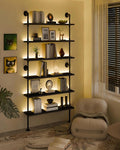 6-Tier LED Ladder Shelf, Wall Mounted Pipe Bookshelf, Black 48 Inch | Solid pine 6-tier wall mounted pipe bookshelf with warm LED lights, 50 lb shelves, for books, plants and decor