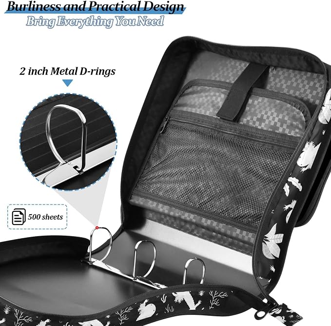 Fisyme Sea Fish Axolotls Zipper Binder 3 Ring with Zipper and Shoulder Strap Large Capacity Multi-Pocket Zipper Binder Organizer