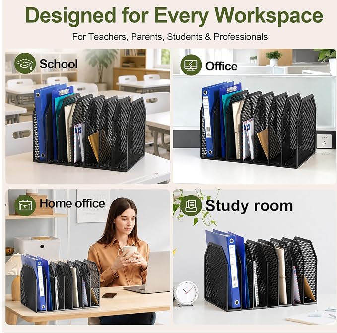 FANXIYQ Black 7-Section File Folder Organizer for Desk, Metal Vertical File Holder Stand, Desktop File Organizer Rack for Letter/A4 Folders, Papers, Books, Office Classroom Home