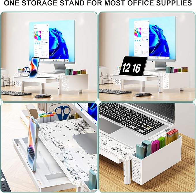 WALI Computer Monitor Stand with Storage, Desk Organizer with Drawer and Pen Holder, Desk Monitor Riser 3 Height Adjustable, Laptop Riser for Computer, Laptop, Printer(PTT003-M), 1 Pack, Marble
