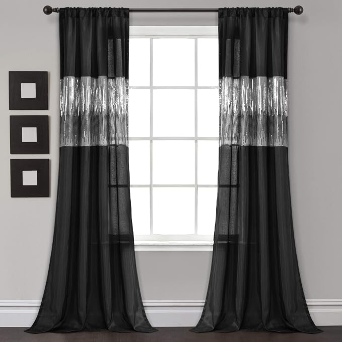 Lush Decor Night Sky Window Curtain Panel, Single 42"W x 84"L Black - Sequin Backdrop Curtain - Room Darkening Curtains For Bedroom - Glam Decor