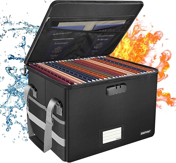 ENGPOW File Box with Lock,Fireproof Document Box with Zipper＆Pockets,Collapsible File Organizer Filing Storage Cabinet with Handle,Portable Home Office Safe for Hanging Letter/Legal Folder,Black