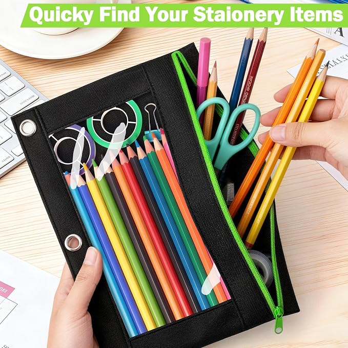 24 Pack Pencil Pouch for 3 Ring Binder, Featuring Colored Zippers & Transparent Windows, Multicolors Fabric Pencil Case Pouch Durable Zipper Pencil Bags in Bulk for Office School Supplies (6 Colors)