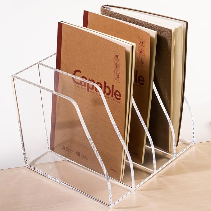 Acrylic Magazine File Holder, 4 Vertical Compartments Desk Document Sorter Organizer, Clear Folder Rack Binder for Office/Home/Classroom, for Documents, Tablet, Magazines, Books & Accessories