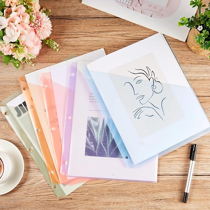Maitys 50 Pack Binder Pockets 3 Ring, Letter Size 8.5x11,Pastel Colors | Clear Plastic Document Sleeves, Sheet Protectors with Slash Jacket, Fits Standard 3 Hole Binders, Organize Office Papers