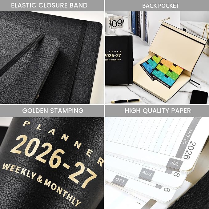 2026-2027 Planner - Academic Planner 2026-2027, July 2026 - June 2027, Weekly and Monthly Planners, 8.5" x 11", Pen Holder, Pocket, Faux Leather Cover -Black