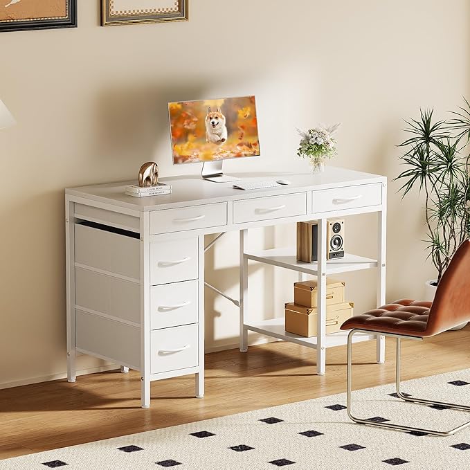 Sweetcrispy 47" Computer Desk with 6 Fabric Drawers & Storage Shelves | Reversible Gaming Desk, Office Desk, Computer Workstation, Corner Desk with Storag, Home Office, Living Room, White