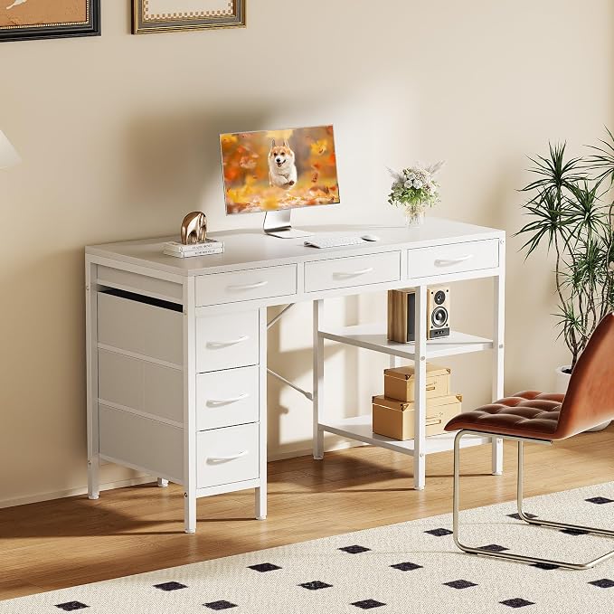 OLIXIS 47 Inch Computer Desk with 6 Fabric Drawers, for Home Office Work | 6 Fabric Drawers & Reversible Gaming Desk, Office Workstation, Corner Desk with Storage, Home Office,Living Room,Dorm, White