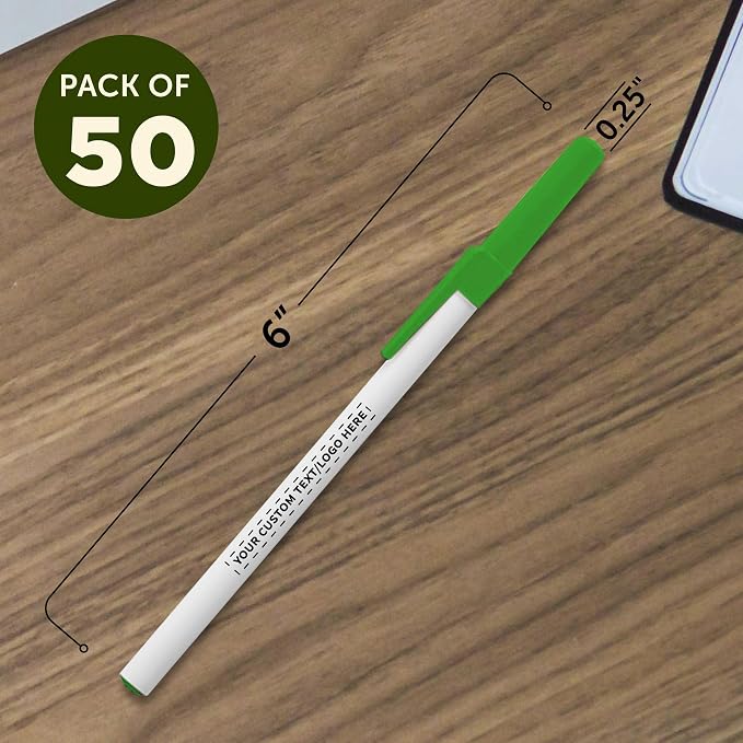 DISCOUNT PROMOS Custom Value Stick Pens Set of 50, Personalized Bulk Pack - Blue Ink, Great for Office, School, Business, Tradeshows, Events - Green Cap