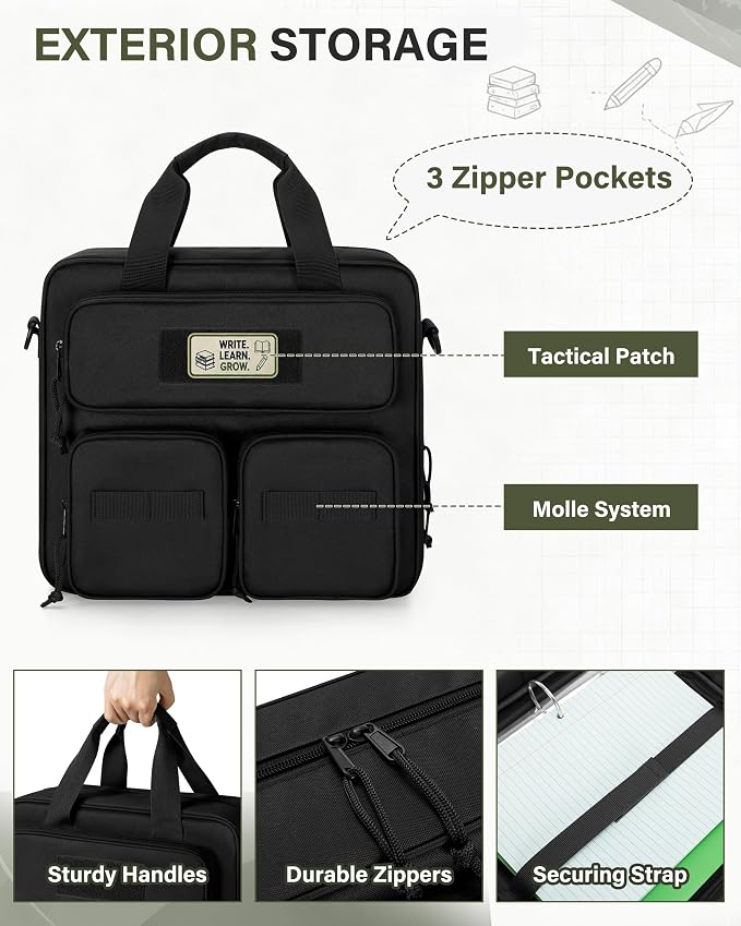 Fasrom Tactical 3 Ring Zipper Binder, 2 Inch Binder Organzier Bag for Men | 2-Inch O-Ring, Holds 500 Sheets, Fits 13-Inch Laptop, 3 Exterior Pockets, Shoulder Strap for Work & Office, Black