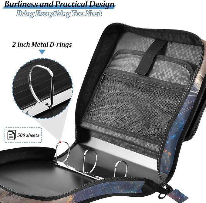3 Ring Zipper Binder with Shoulder Strap Corgi Starry Sky Galaxy 2 Inch Zippered Binder Bag 500 Sheet Capacity Multi Pockets for School Supplies