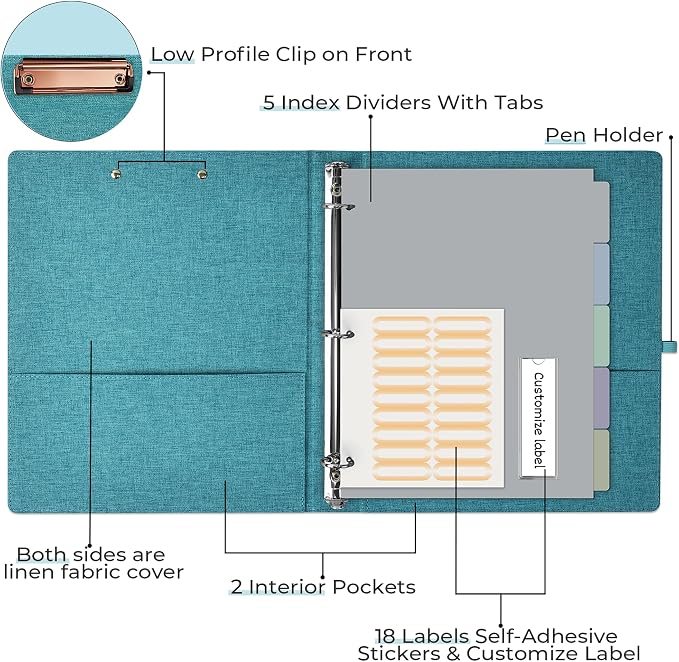 EYROZILL 3 Ring Binder, 1 Inch Linen Binder Organizer for Letter Size (8.5" x 11") with 5 Tab Dividers, File Folder Labels and Low Profile Clipboards, School and Office Supplies-Aqua Blue