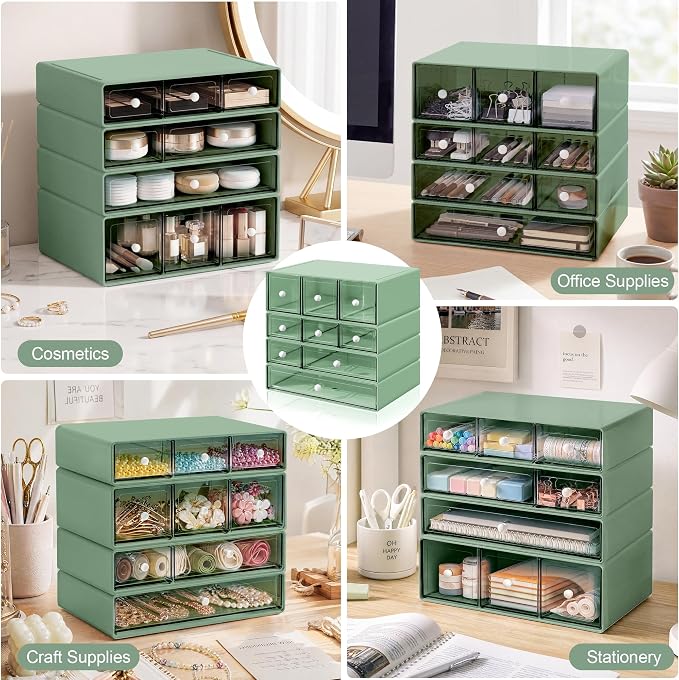 Desk Organizer with 9 Drawers, 4 Tiers Stackable Storage Drawers, Desktop Storage Box with Clear Drawers for Stationery, Makeup, Jewelry, Office and Craft Supplies (Green)