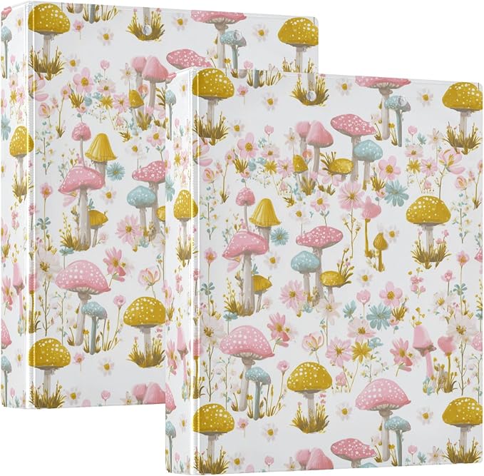 Mushroom Round Ring Binders 1.5 Inch Butterfly Snail Dragonfly Daisy Flowers 3 Ring Clipboard Binder for Office School Work Supplies File Folder Document 200 Sheet Capacity Easy Open 2 Pieces