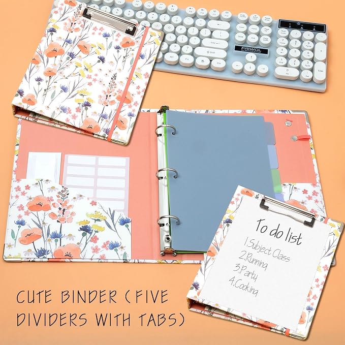 Mini Binder Organizer，1 Inch 3 Ring Binder with Clipboard, 5-Tabs Pockets Dividers, Plastic Folder, 18 Divider Stikers, Pen Loop (Flora, 5.5" x 8.5")