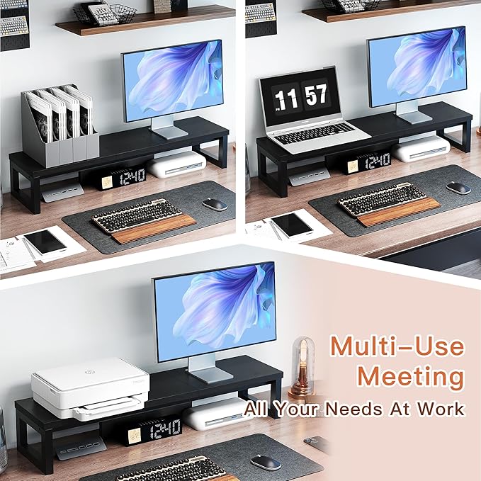 HEWORLIF Dual Monitor Stand Riser, Wood and Steel Monitor Stand for Desk, Multi-Purpose Desk Shelf Organizer for Computer, Laptop, Printer, TV, Black