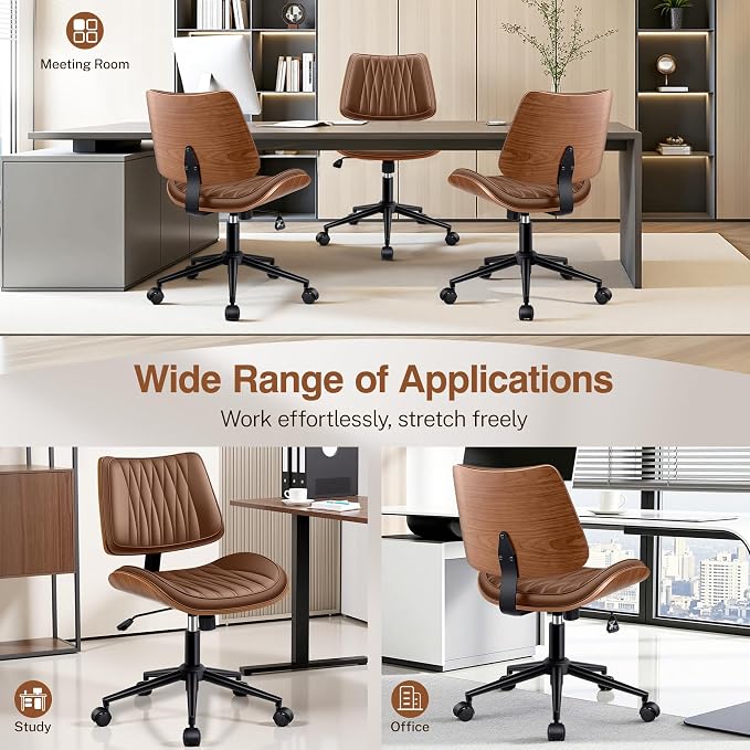 Ergonomic Armless Office Desk Chair - Mid-Century Modern Brown Faux Leather with Diamond Stitch, Adjustable Height Swivel Rolling Task Computer Chair with Walnut Accent for Home Office, Study & Work