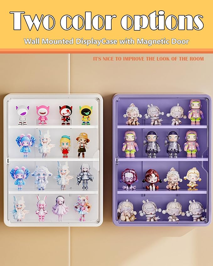 Wall Mounted Display Case for Figures, 15.75" High, Shadow Box with Shelves | Hanging Trinket Display Shelf for Collectibles Action Doll Blindboxes, 4-Layer White Shelf with Clear Magnetic Door 1 Pack