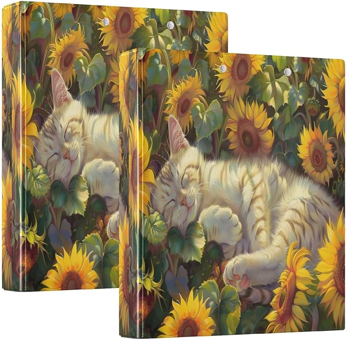 3 Ring Binder Cat in Sunflowers Field 1.5" Round Ring Binders View Binder with 200 Sheet for Women Men Office Kids School Supplies, 1 Pack